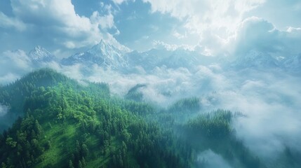 Fototapeta premium Mountain landscape with cloudy sky and lush greenery under a misty atmosphere creating a tranquil scenic view in nature.