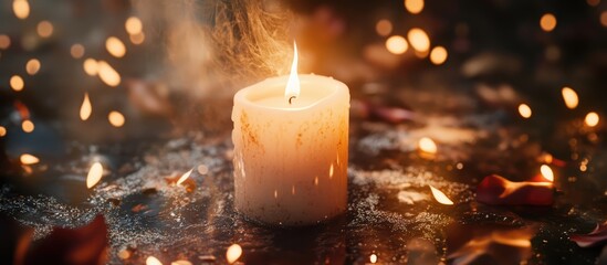 Warm glowing candle surrounded by festive decorations creating a cozy atmosphere during the Christmas holiday season