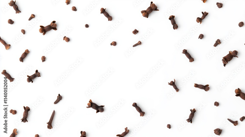 Poster dried cloves scattered on a white background showcasing their unique shape and texture perfect for c