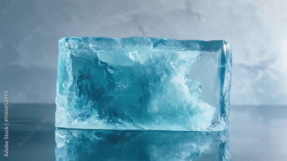 Poster frosted natural ice block in light blue tones on reflective surface with clipping path for versatile