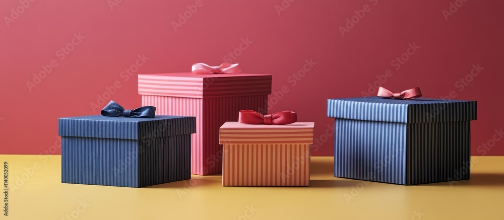 Poster colorful gift boxes in various sizes with ribbons against a contrasting backdrop showcasing a festiv