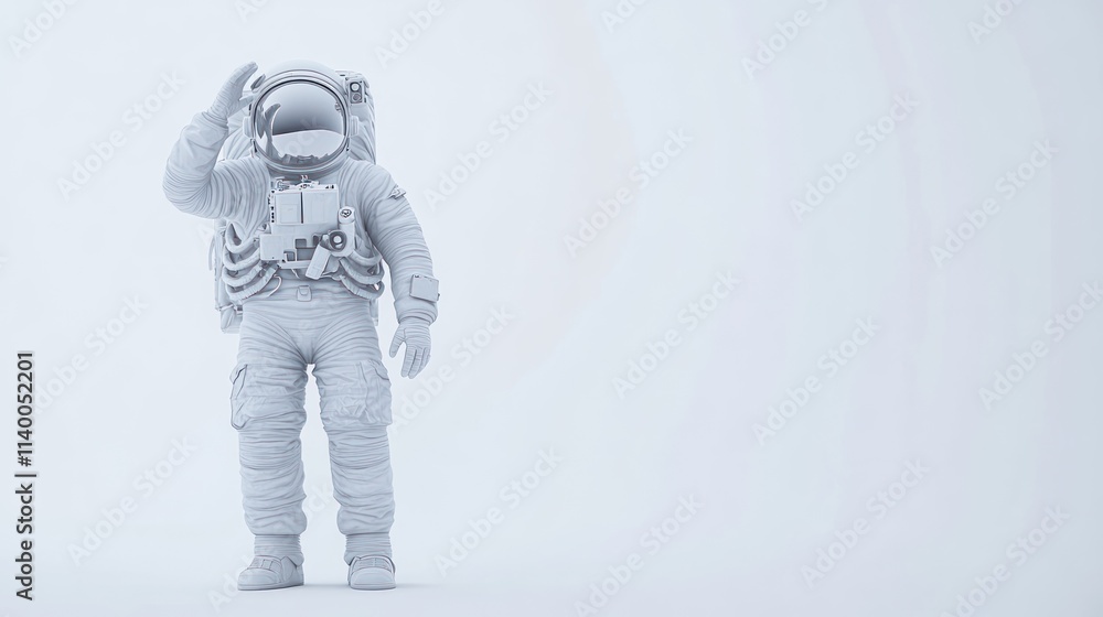 Poster A 3D-rendered astronaut in a white suit saluting against a minimalistic background.
