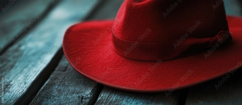 Poster red felt hat resting on a rustic wooden surface showcasing texture and color contrast in a close up 
