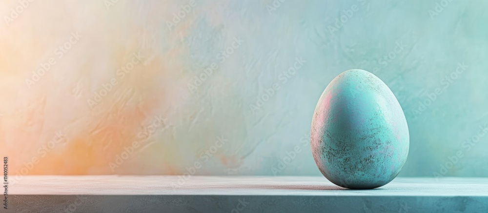 Poster colorful easter egg positioned on a shelf with a soft blurred background ideal for adding personaliz
