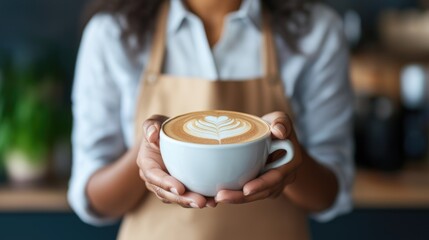African woman holding latte with elegant heart-shaped foam art