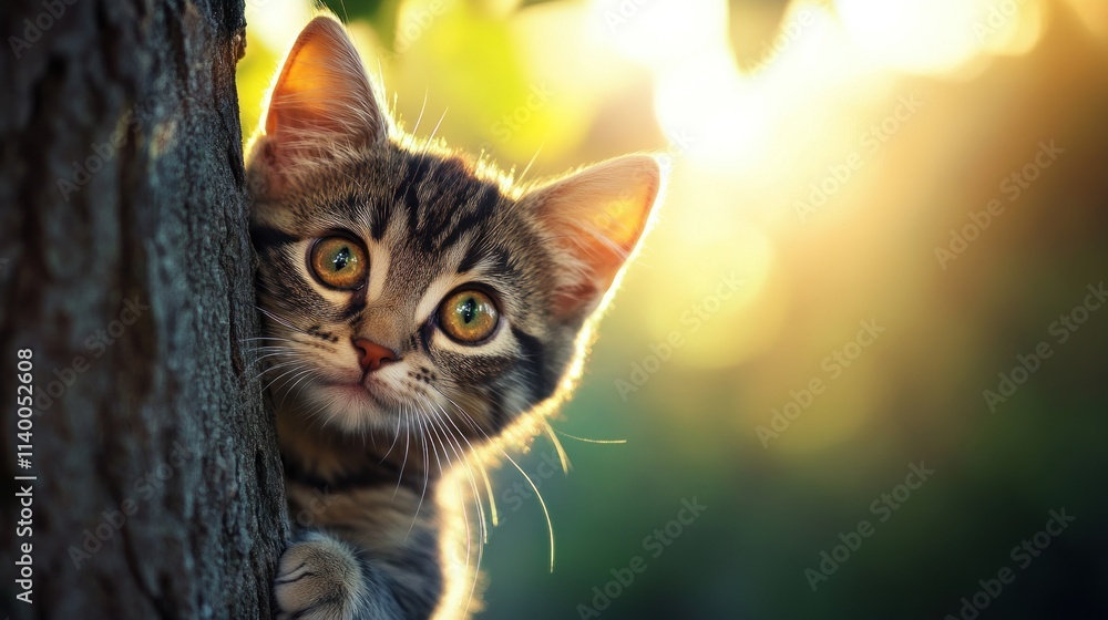 Poster a curious kitten peeking around a tree, illuminated by soft sunlight.
