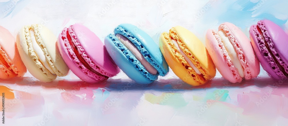Poster assorted colorful macaroons arranged on a vibrant background showcasing their textures and flavors i