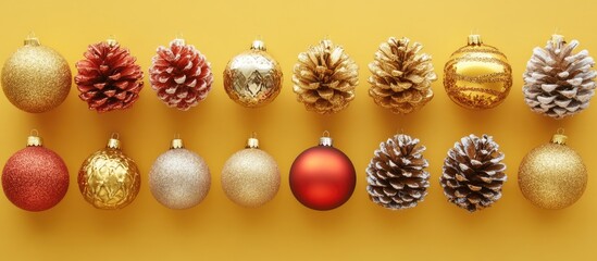 Elegant Christmas ornaments and pine cones creatively displayed on a vibrant yellow background for festive seasonal celebrations.
