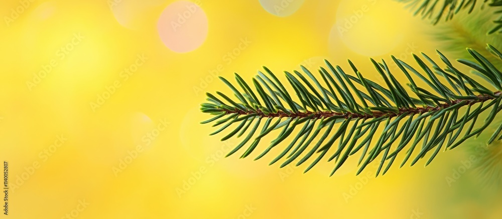 Poster green spruce branch close up on vibrant yellow background with multicolored bokeh ideal for festive 