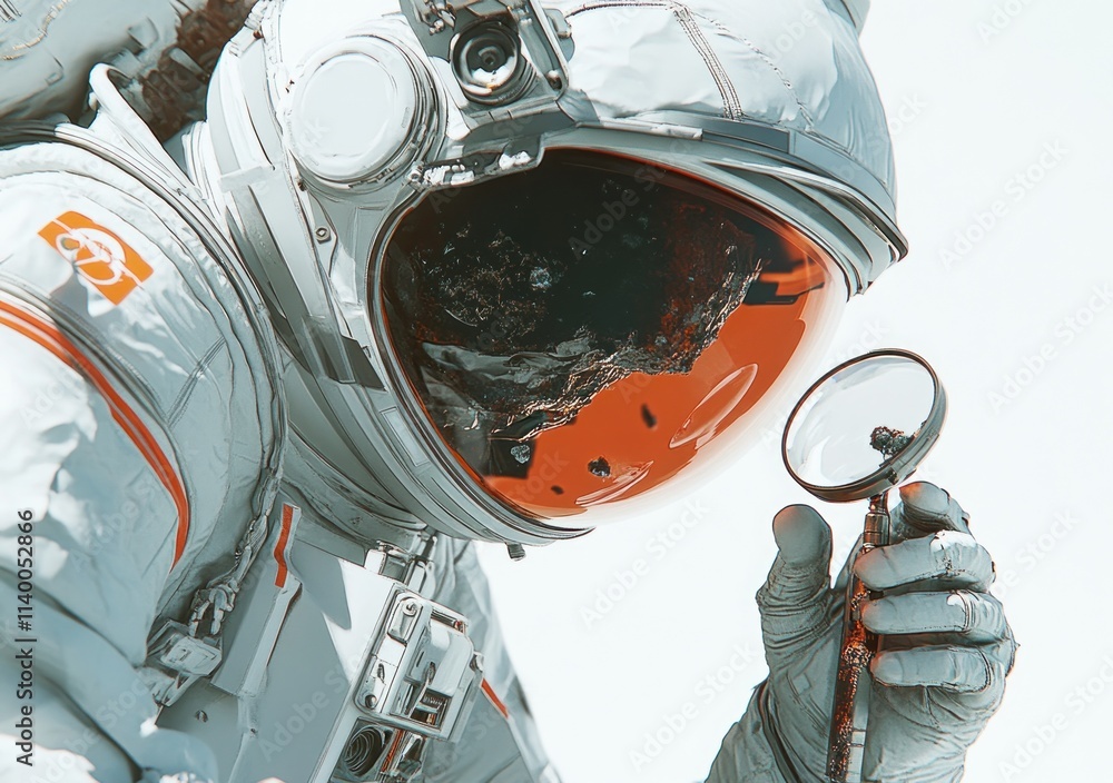 Poster an astronaut examining a mysterious object in space with a magnifying glass.