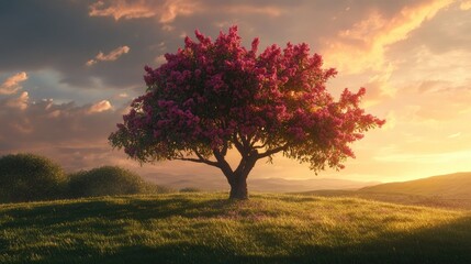 Fototapeta premium Crape myrtle tree in vibrant bloom surrounded by lush greenery at sunset in a picturesque landscape scene