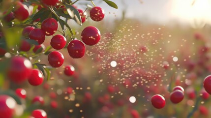 Cranberries being harvested surrounded by lush greenery and sunlight with particles in the air creating a vibrant atmosphere