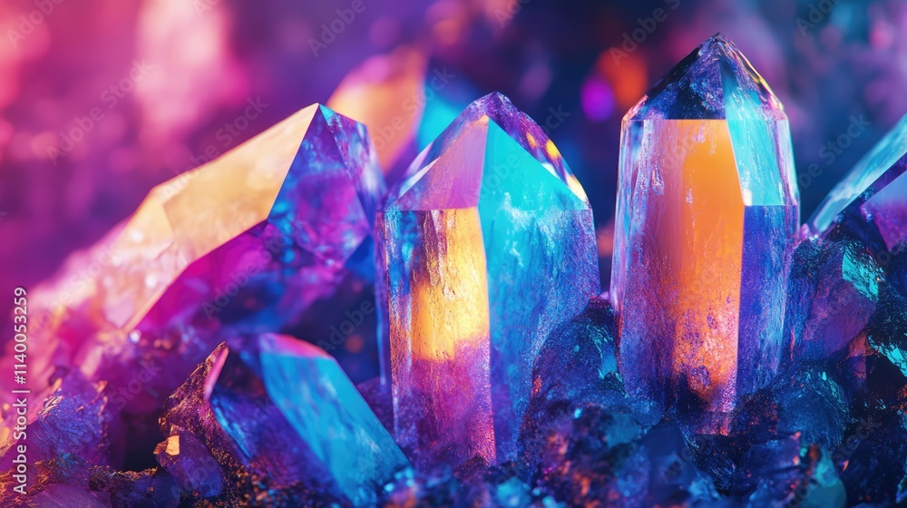 Poster chromium stone mineral crystal cluster illuminated with vibrant colors on an abstract background clo