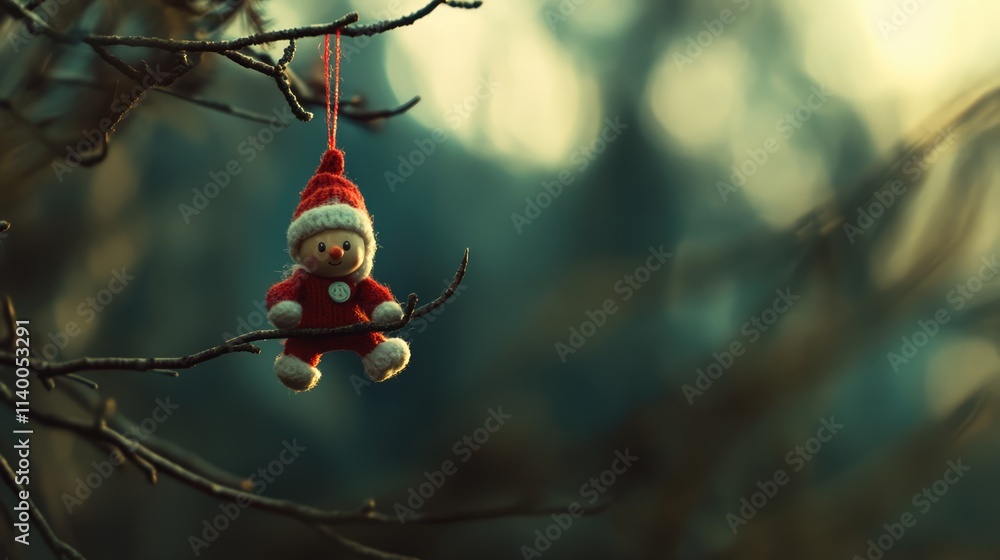 Poster christmas tree ornament in the shape of a teddy bear hanging from a bare branch in a wintery setting