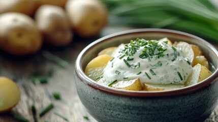 Crash Hot Potatoes with Chives Sour Cream Herb Sauce Tasty Side Dish Rustic Presentation Healthy Comfort Food Copy Space