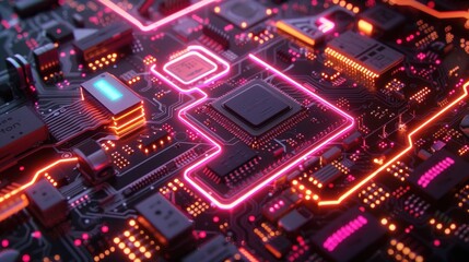 Obraz premium Close-up of a Circuit Board with Glowing Neon Lights,