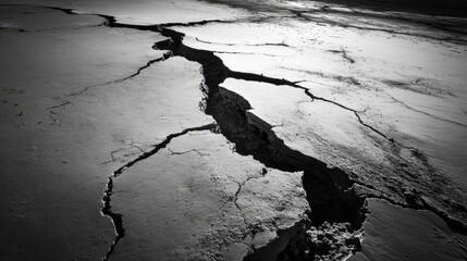 Cracked earth texture on dry playa showcasing intricate fissures and geological patterns in a monochrome perspective