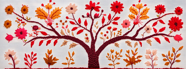 A historical Eastern Slavic embroidery panel with symbolic representations of fertility and nature stitched in vivid red tones on white