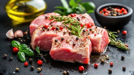 Seasoned pork cuts on a dark stone surface with fresh herbs spices and oil ready for cooking in a gourmet kitchen setting