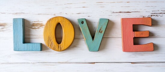 Colorful wooden letters spelling LOVE on a rustic white wooden background creating a warm and inviting atmosphere for decor or gifts