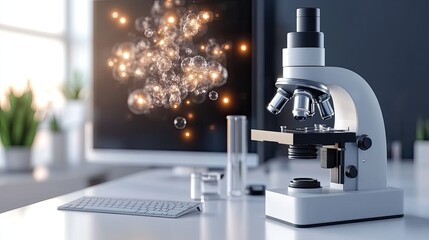 A digital microscope camera captures intricate details displayed on a computer monitor in a contemporary medical laboratory with a light purple theme