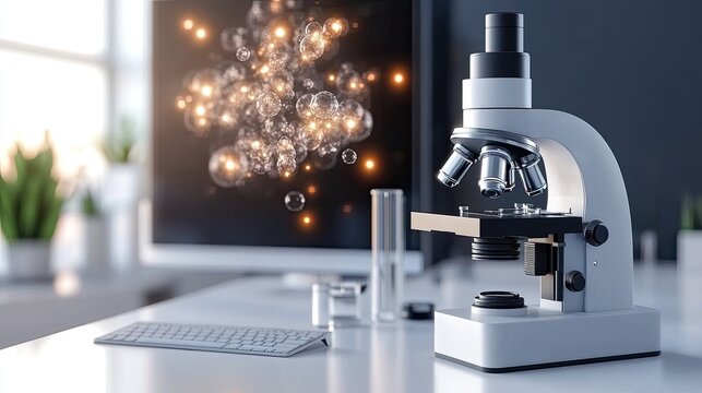 A digital microscope camera captures intricate details displayed on a computer monitor in a contemporary medical laboratory with a light purple theme