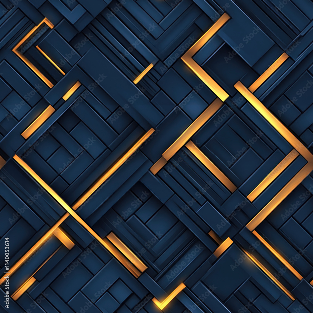 Poster geometric abstract art with dark blue interlocking patterns and illuminated lines