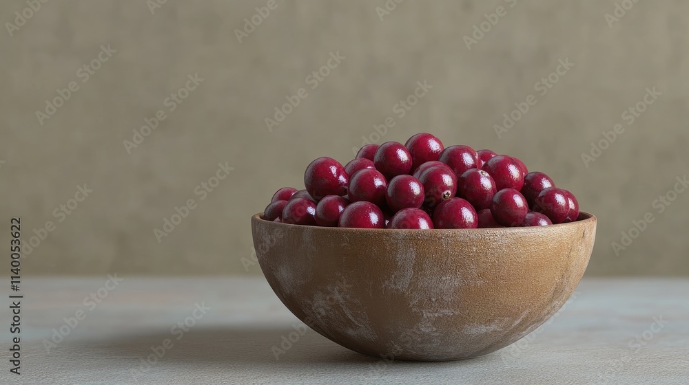 Poster cranberries in a rustic clay bowl showcasing vibrant color and texture against a muted background fo
