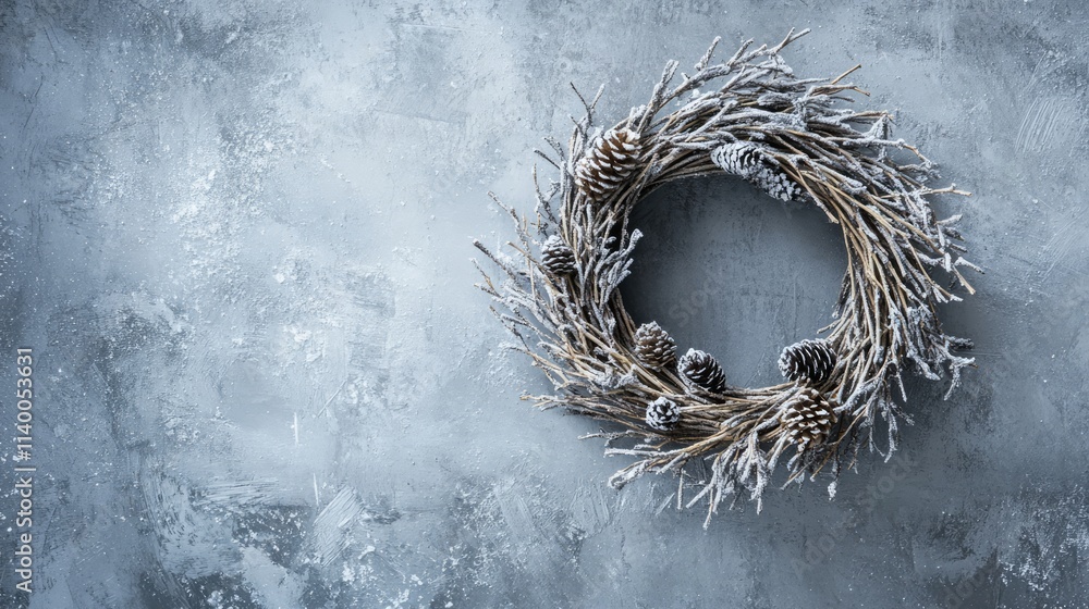 Poster frosted christmas wreath with pinecones on a textured gray background in a close-up square format id