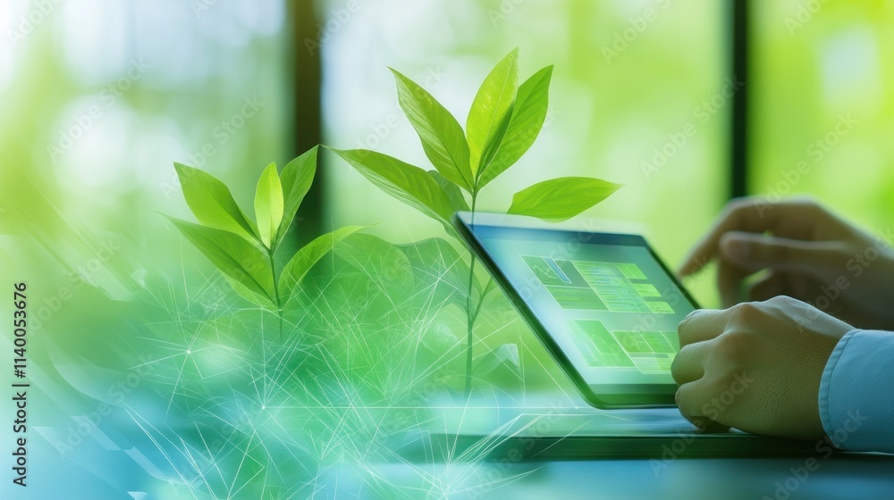 Poster a person using a tablet surrounded by green plants, symbolizing technology and nature integration.