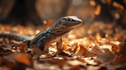 Obraz premium Clouded monitor lizard exploring a forest floor covered in vibrant autumn leaves