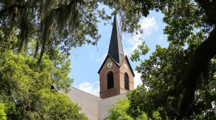 Church steeple surrounded by lush green trees under a blue sky showcasing serene architecture and natural beauty.
