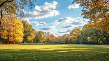 Autumn landscape with blue sky and fluffy clouds over a serene park featuring vibrant trees and a vast grassy area in early morning light