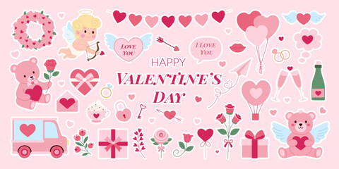 A Valentine's Day card with a pink background and a variety of heart-shaped stickers. The stickers include a teddy bear, a car, a truck, a cup, a bottle, a balloon, a rose, a cupcake