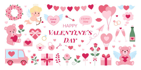 A Valentine's Day card with a pink background and a variety of pink and red items. There are two teddy bears, a truck, a car, a rose, a bouquet of flowers, a bottle, a cup, a wine glass
