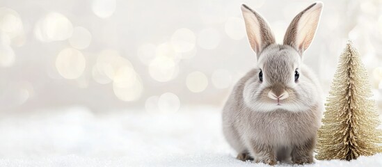 Cute gray bunny next to a gold mini Christmas tree on a soft white background during the festive holiday season