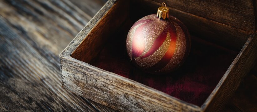 Vintage gift box with a classic Christmas ball on a rustic wooden surface for holiday decoration and seasonal celebration themes