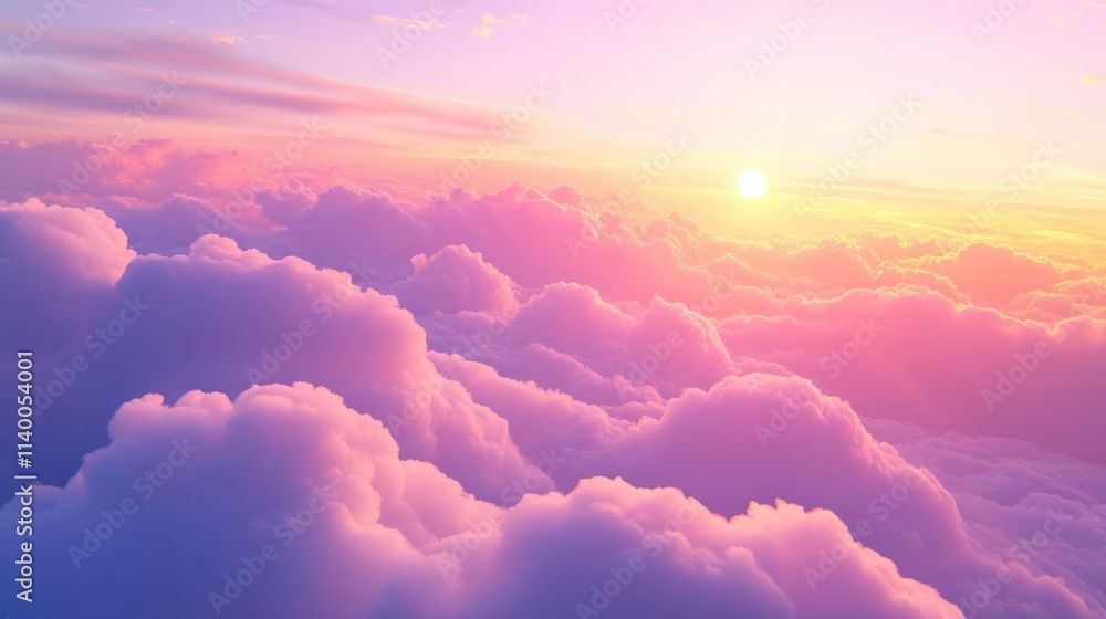 Poster serene clouds illuminated by a vibrant sunset casting soft pastel colors across the sky creating a p
