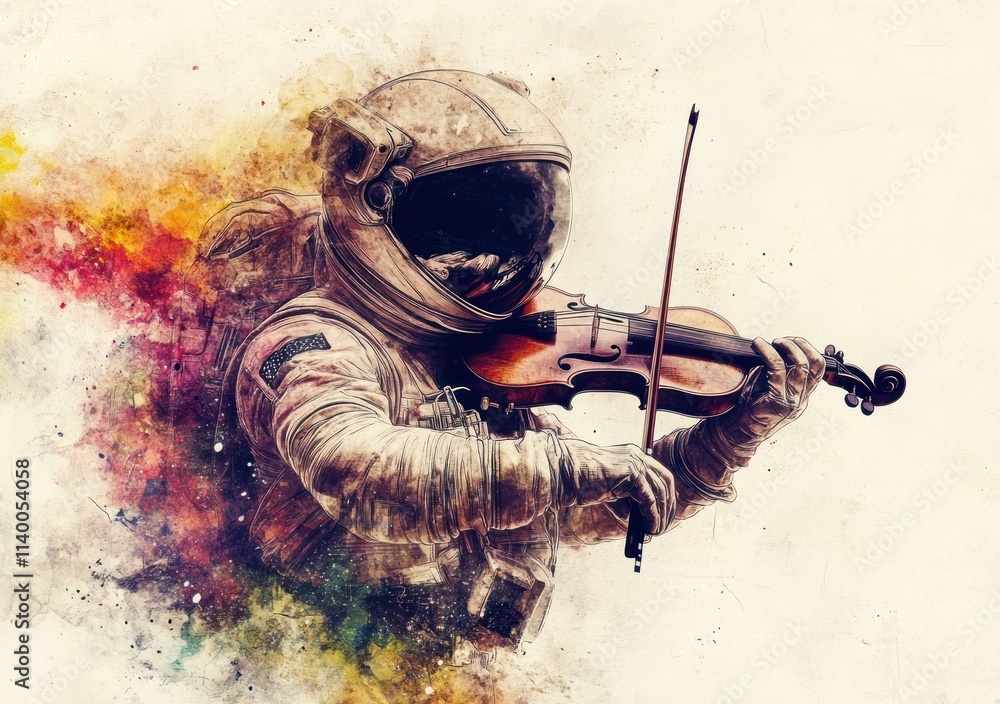 Poster an astronaut playing a violin, blending space and music in a colorful artistic representation.