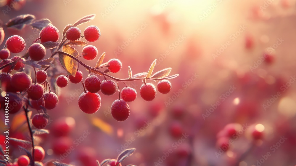 Aufkleber vibrant cranberries on a branch illuminated by soft sunlight creating a warm autumnal atmosphere in 