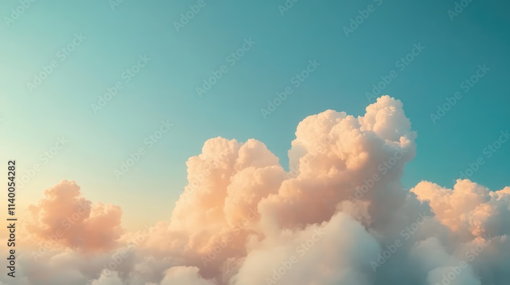 Poster fluffy clouds illuminated by soft sunlight against a serene clear blue sky creating a tranquil and u