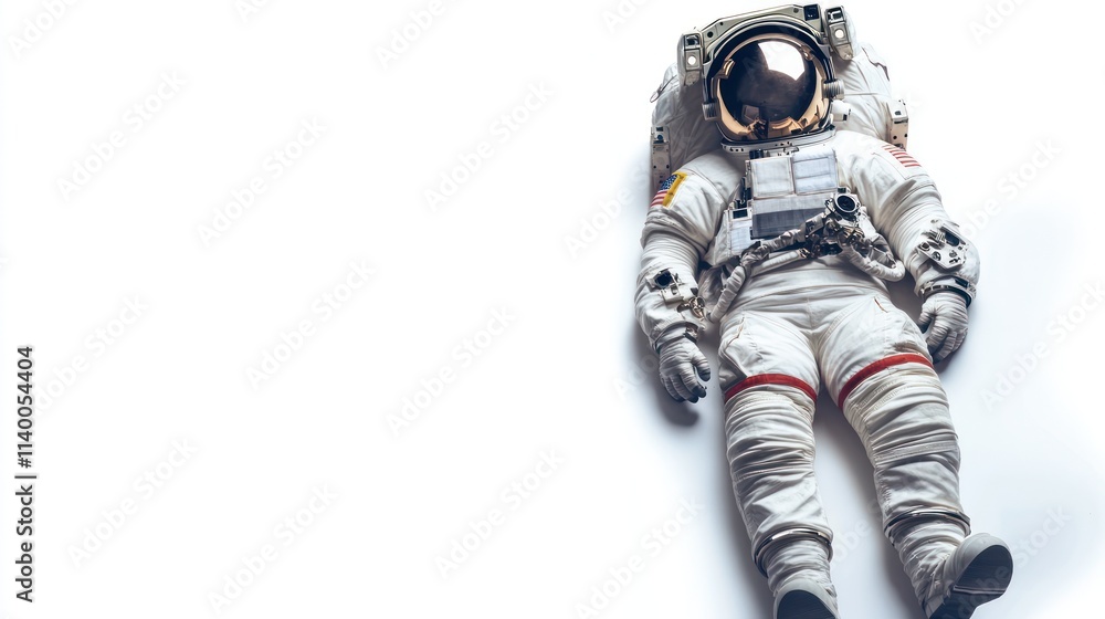 Poster an astronaut in a space suit lying on a white background, symbolizing exploration and technology.