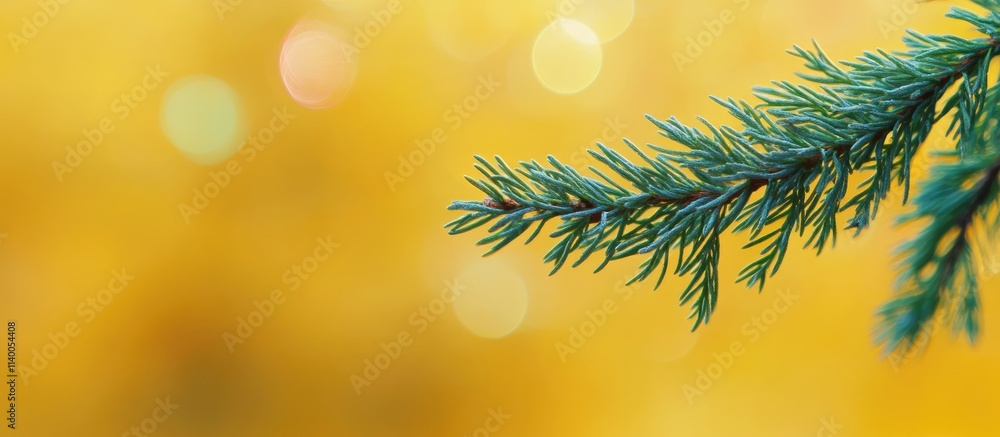Poster green spruce branch on yellow backdrop with multicolored bokeh for festive greeting card or invitati