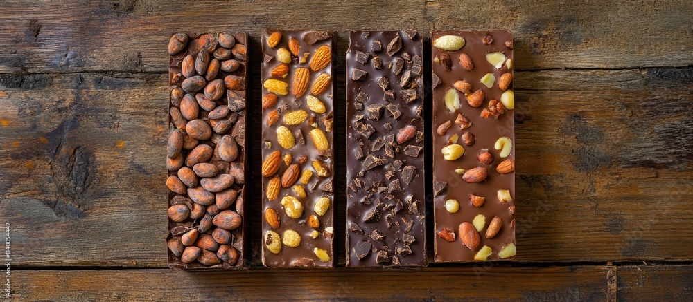 Poster chocolate bars with nuts and cocoa beans arranged on a rustic wooden background showcasing a variety