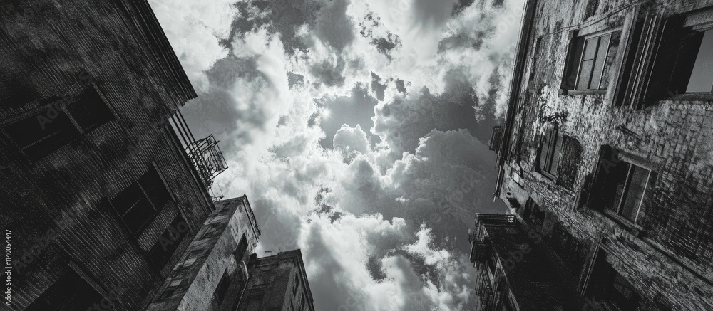 Aufkleber dramatic cloud formations above urban architecture creating a moody and atmospheric sky view in blac