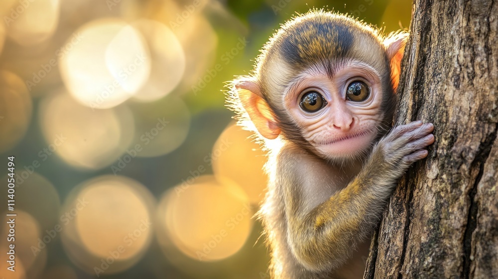 Poster a young monkey clings to a tree, showcasing its curious expression amidst a blurred background.