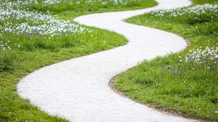 Fototapeta premium Serene Curved Path Through Lush Green Grass and Colorful Flowers