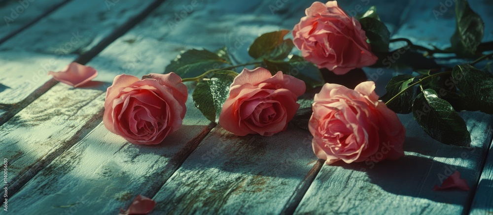 Poster pink roses elegantly arranged on a rustic wooden table with soft light creating a serene and romanti