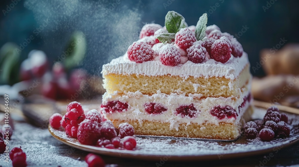 Poster Delicious layered cake with raspberries and powdered sugar topping on a rustic wooden table setting