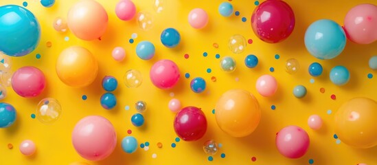 Colorful balloons and confetti on a vibrant yellow table creating a festive party backdrop for celebrations and events flat lay design